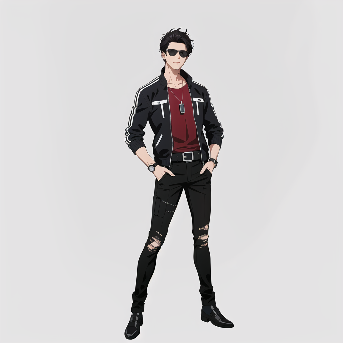 00051-3426370157-Character standing drawing,modern design,1boy,male focus,solo,jacket,black hair,pants,torn clothes,jewelry,black footwear,sungla.png